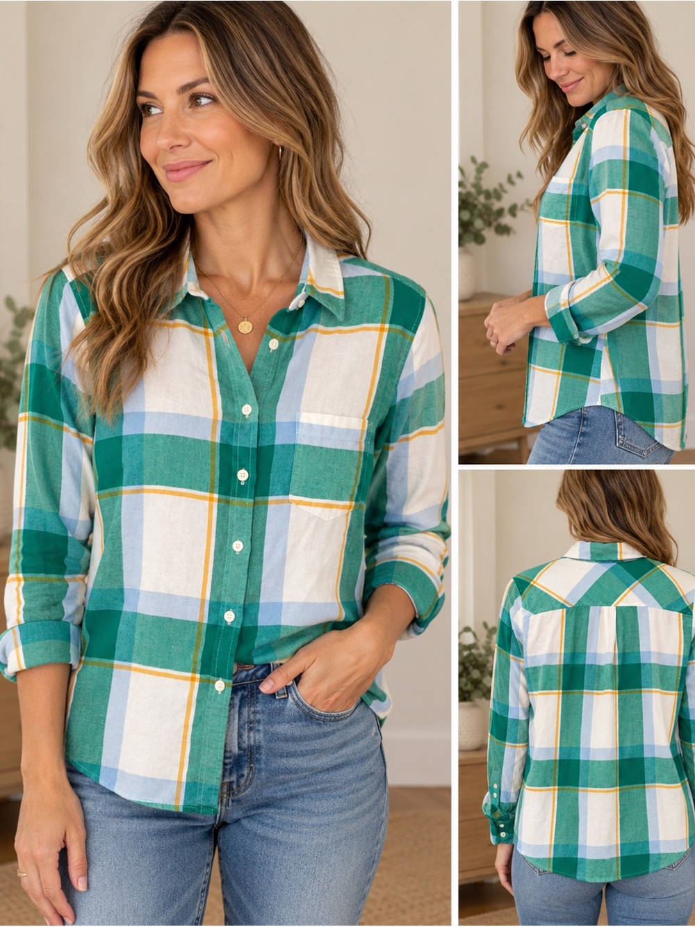 J.Crew Women’s Small Plaid Shirt Green Blue Soft Casual Preppy Like New